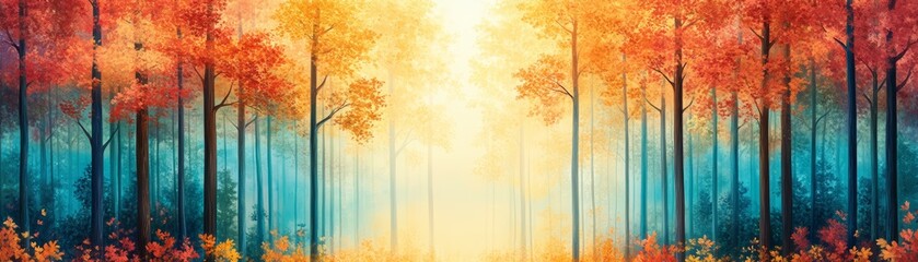 Fototapeta premium Vibrant autumn forest with colorful foliage and soft sunlight illuminating the trees.