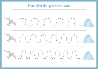 Basic writing exercises. Trace line worksheets for children. Preschool handwriting practice. Vector illustration. A4 - ready to print format