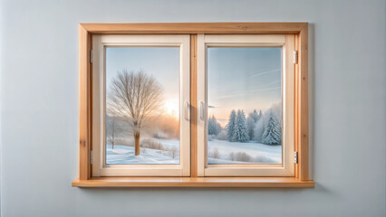 Modern wooden frame window with scenic snowy landscape view in home interior