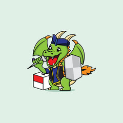 Vector design illustration of a smiling Green Dragon holding spikes and a shield with a traditional Indonesian theme