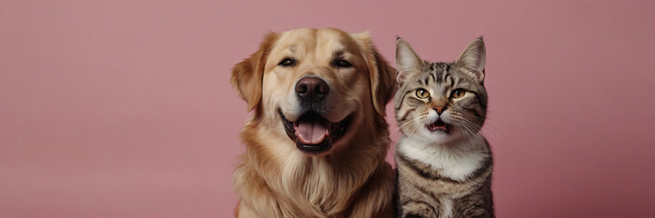 Dog and cat portrait on pink background isolated. Pets and companions. Commercial banner for advertising cat and dog food. Pets looking at the camera on pink background. Wallpaper. Copy space