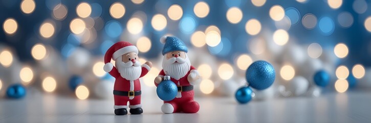 Merry Christmas and Happy new Year., Santa Claus toy on bokeh lights wide background 