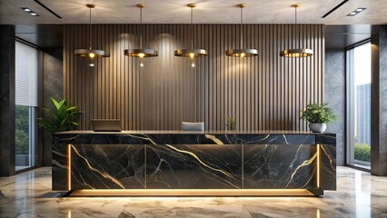 Modern luxury lobby reception desk crafted from black marble and gold accents