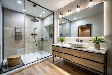 Modern minimalist bathroom with black fixtures, floating vanity, and frameless glass shower enclosure