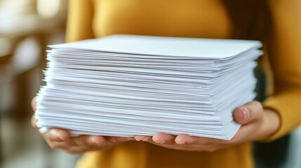 businesswoman holds a stack of blank documents, symbolizing readiness and opportunity. Her poised grip conveys professionalism, potential, and the importance of communication in business