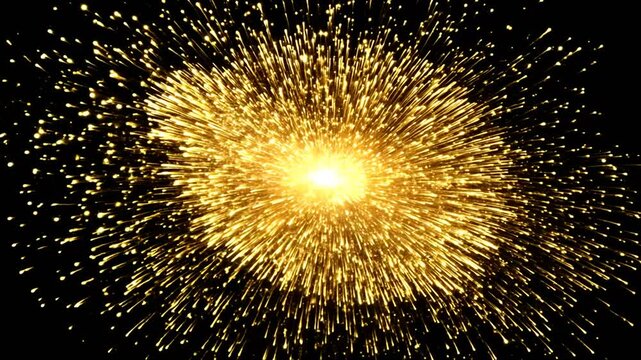 4K Gold Explosion effect Festive Fireworks Isolated on black background. 