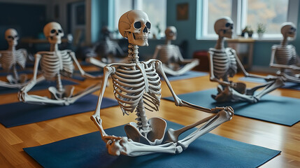 A group of skeletons relaxes in a yoga studio, each sitting in a meditative pose on yoga mats, highlighting a unique and humorous take on wellness