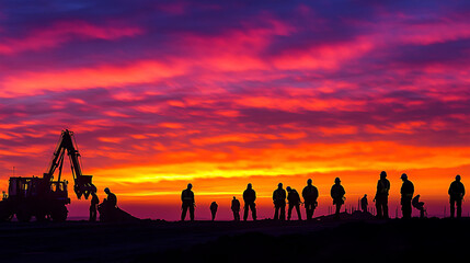 A group of construction workers stand silhouetted against a vibrant sunset, with an excavator in the foreground.