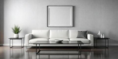 modern minimalist living room interior with white sofa and black coffee table, blank frame mockup on wall