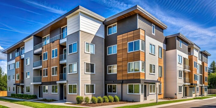 Modern multifamily building exterior with Hardie plank siding