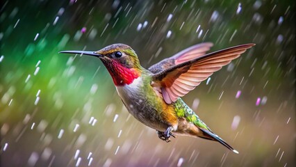 Fototapeta premium Colorful macro photography of a hummingbird flying in the rain
