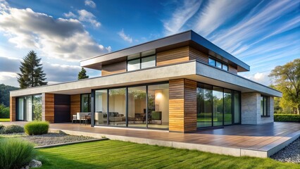 Fototapeta premium Modern one story house with panoramic windows, flat roof, unique facade, yard inside the house, low angle view