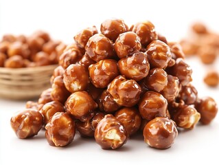 A caramel popcorn cluster with a shiny caramel coating, isolated on white background