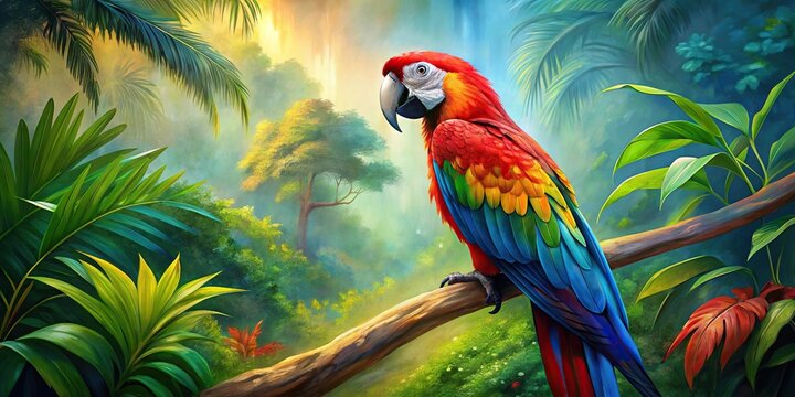 colorful oil painted parrot in jungle with eye level perspective