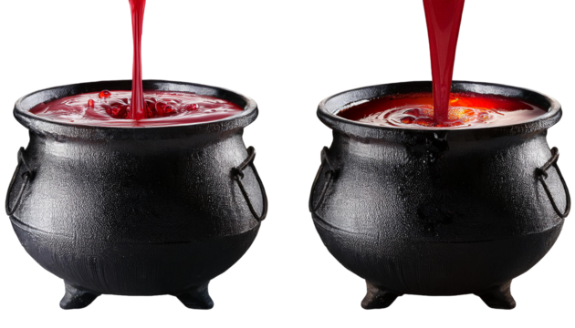 Set of witch black rustic cauldron with magic potion flowing and melted wax flame fire candle with blood on  on transparent background
