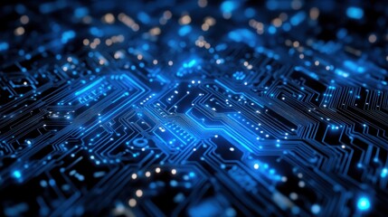 Abstract blue glowing circuit board close up.