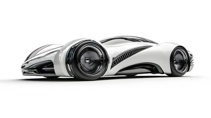 Sleek futuristic car with sharp lines and silver body retro design elements on a minimal white background