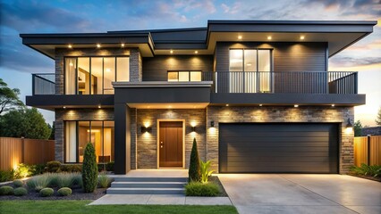 Fototapeta premium Modern residential house with black shade and golden lights