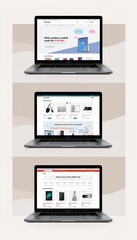 E-commerce website displays on laptop: promotions and product showcases