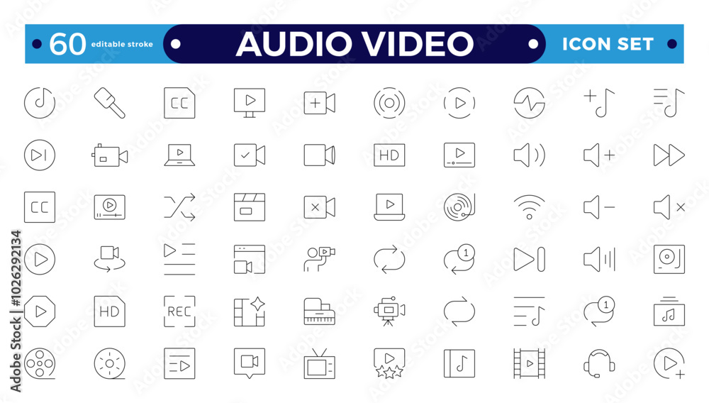 Wall mural Audio and video web icons set in Outline design. Pack of camera movie, voice, radio, music streaming, photography, headphones, cinema, podcast, broadcasting, and others. Editable stroke outline icon.
