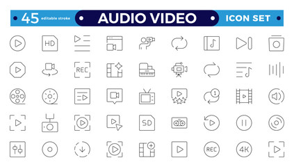 Audio and video web icons set in Outline design. Pack of camera movie, voice, radio, music streaming, photography, headphones, cinema, podcast, broadcasting, and others. Editable stroke outline icon.
