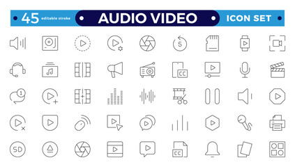 Audio and video web icons set in Outline design. Pack of camera movie, voice, radio, music streaming, photography, headphones, cinema, podcast, broadcasting, and others. Editable stroke outline icon.
