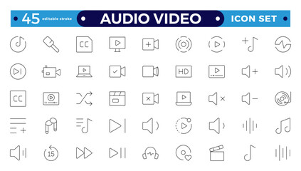 Audio and video web icons set in Outline design. Pack of camera movie, voice, radio, music streaming, photography, headphones, cinema, podcast, broadcasting, and others. Editable stroke outline icon.
