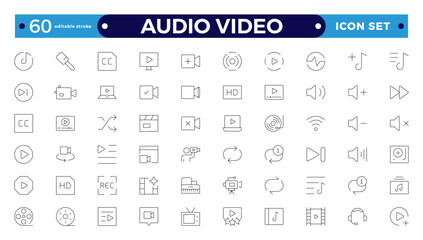 Audio and video web icons set in Outline design. Pack of camera movie, voice, radio, music streaming, photography, headphones, cinema, podcast, broadcasting, and others. Editable stroke outline icon.
