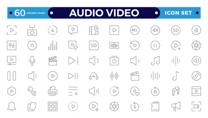 Audio and video web icons set in Outline design. Pack of camera movie, voice, radio, music streaming, photography, headphones, cinema, podcast, broadcasting, and others. Editable stroke outline icon.
