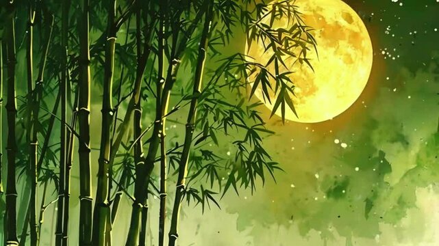 A quiet bamboo grove soft glow full moon, rustling leaves bamboo create a dreamlike, mysterious ambiance, 4k High-Quality Chinese retro painting ink watercolor background Animation Video