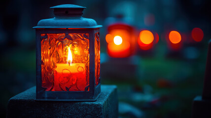 Memorial Lanterns with Candles at a Cemetery