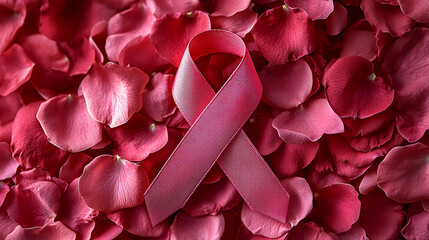 pink awareness ribbon elegantly placed on a soft rose background, symbolizing hope, solidarity, and the fight against breast cancer, evoking compassion and support for survivors and their families