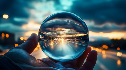 A hand holds a crystal ball reflecting a highway at sunset, the light streaks creating a sense of movement and a feeling of looking into the future.