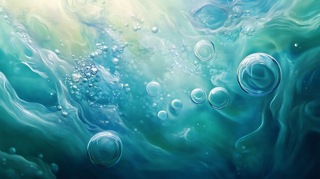 Abstract underwater scene with bubbles and light rays.