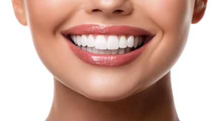 Smiling female mouth with shiny healthy white teeth  on transparent background