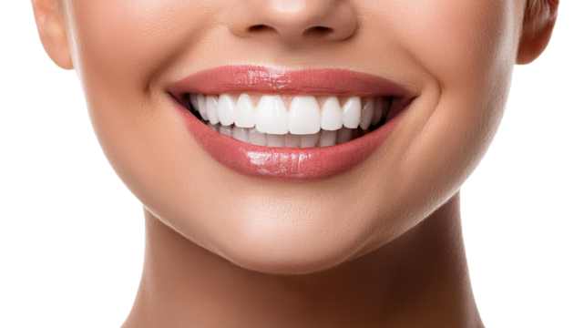 Smiling female mouth with shiny healthy white teeth  on transparent background