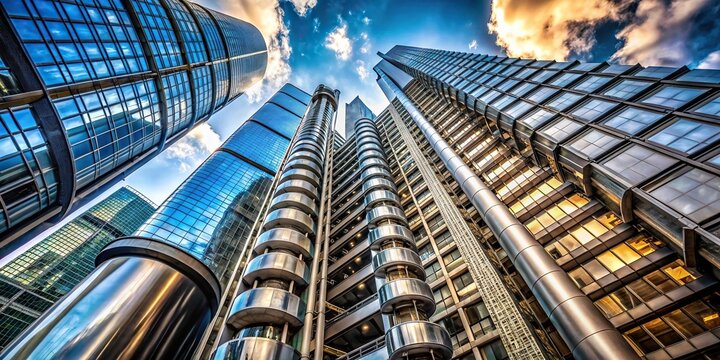 Modern skyscrapers including the Lloyds building in London seen from below