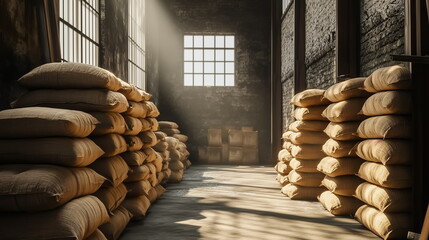 warehouse of rice in sacks stacked on the floor