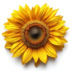 Fototapeta premium A close-up of a blooming sunflower with intricate seed pattern and bright yellow petals, isolated on white background