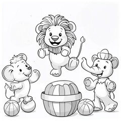 Fototapeta premium uncolored line drawing of three animals: lion jumping through hoops, an elephant standing aside and a bear smiling, a fun circus-themed coloring page generative AI