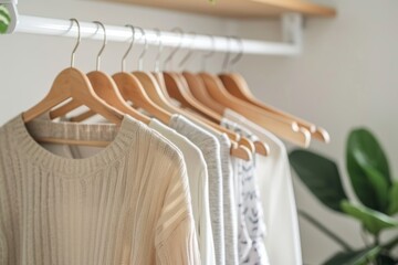 Minimalist wardrobe with neutral clothing on wooden hangers