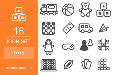 Kid's toy icon set. Children line icons for toys and games. Editable stroke EPS vector.