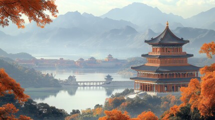 Obraz premium Serene autumn landscape with traditional temple view