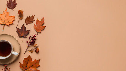 cup of coffee with autumn leaves, autumn leaves,
fall season, copy space background