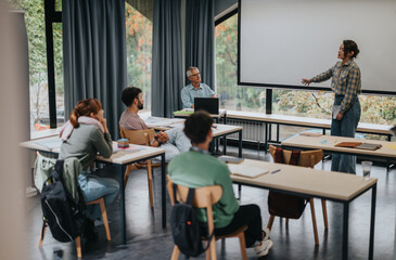 A diverse group of students attentively engaging with an elderly professor in a modern classroom setting, promoting active learning and discussion.