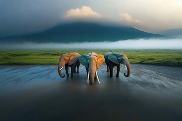 Fototapeta premium Elephants at sunset in misty mountain lake landscape.