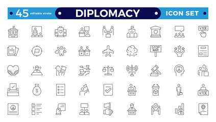 Diplomacy outline icon set with comprises spoken, written communication, leader, diplomats, international system and foreign policy. Editable stroke outline icon.
