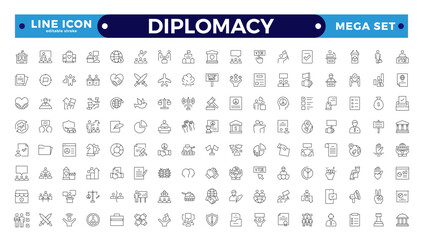 Diplomacy outline icon set with comprises spoken, written communication, leader, diplomats, international system and foreign policy. Editable stroke outline icon.
