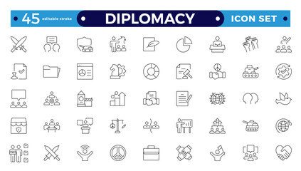 Diplomacy outline icon set with comprises spoken, written communication, leader, diplomats, international system and foreign policy. Editable stroke outline icon.
