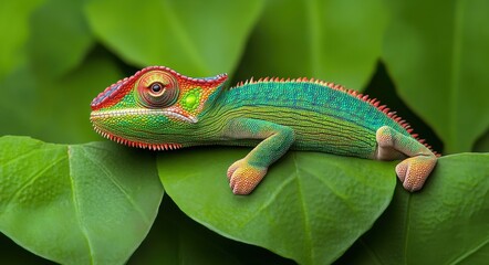 Fototapeta premium Vibrant Chameleon Perched on Green Leaf with Blurred Tropical Background.